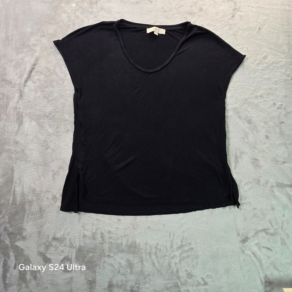 Loft T-Shirt Womens XS Black Stretch High Low Hem V Neck Cap Sleeve 443630